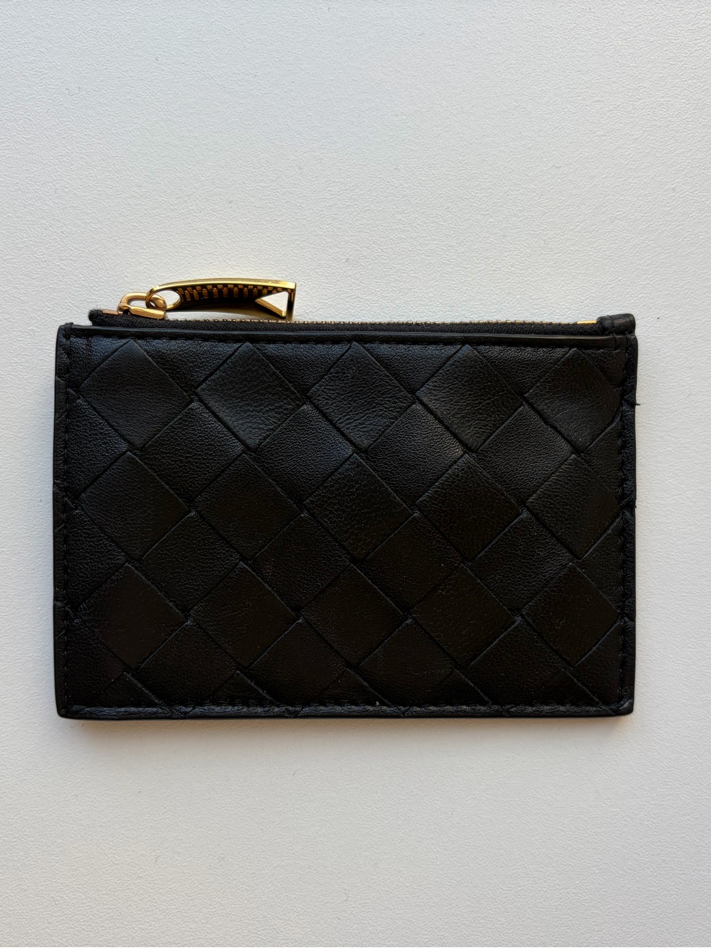 Bottega Veneta Black Intrecciato Leather Zip Key Card Holder with Gold Zip